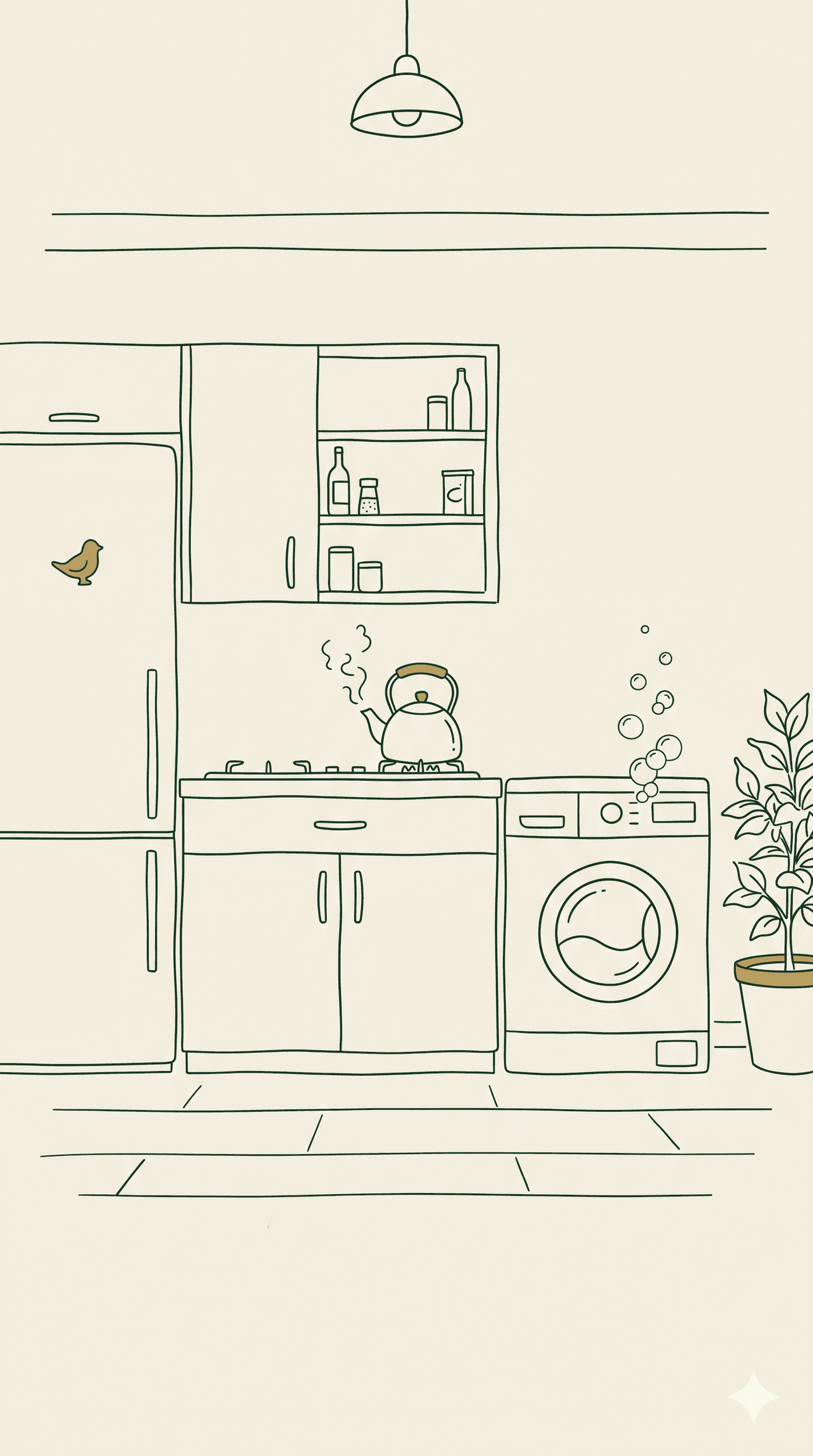 Line illustration of a Toronto kitchen seen from across the room, with a refrigerator, stove, washing machine, and potted plant
