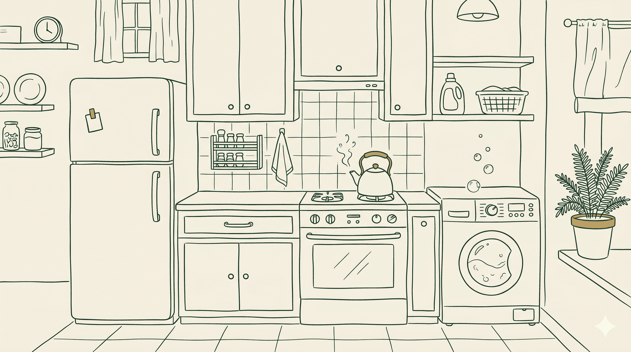 Line illustration of a Toronto kitchen with a refrigerator, stove, washing machine, and a potted plant